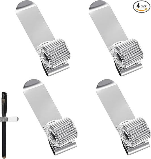 4 Pcs Metal Pen Holder, Adjustable Single Spring Loop Pen Holder Clip, Pens Holders for Notebook and Clipboard, Pens Clips Pencil Holders with Adjustable Spring Loops Organizer for Home Office Pocket