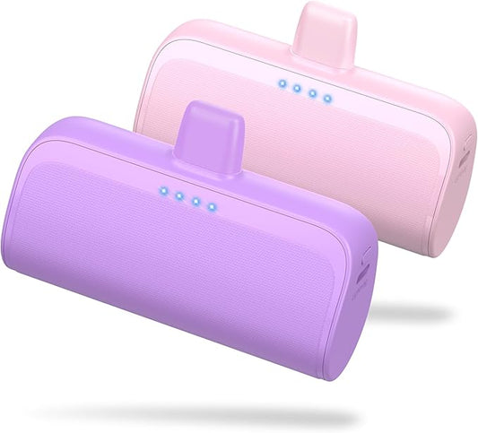[2 Pack]Mini Portable Charger for iPhone,5200mAh Ultra-Compact Fast Charging Power Bank Cordless Cute Small Smart Battery Pack Compatible with iPhone 14/14 Pro Max/13/13 Pro/12/XR/8/7/6(Pink+Purple)