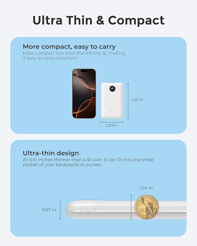 VEEKTOMX Portable Charger,10000mAh Power Bank with Built-in Cable and 22.5W Fast Charging,Travel Camping Essential,for iPhone 17/16/15/14,Samsung 25/24,and More