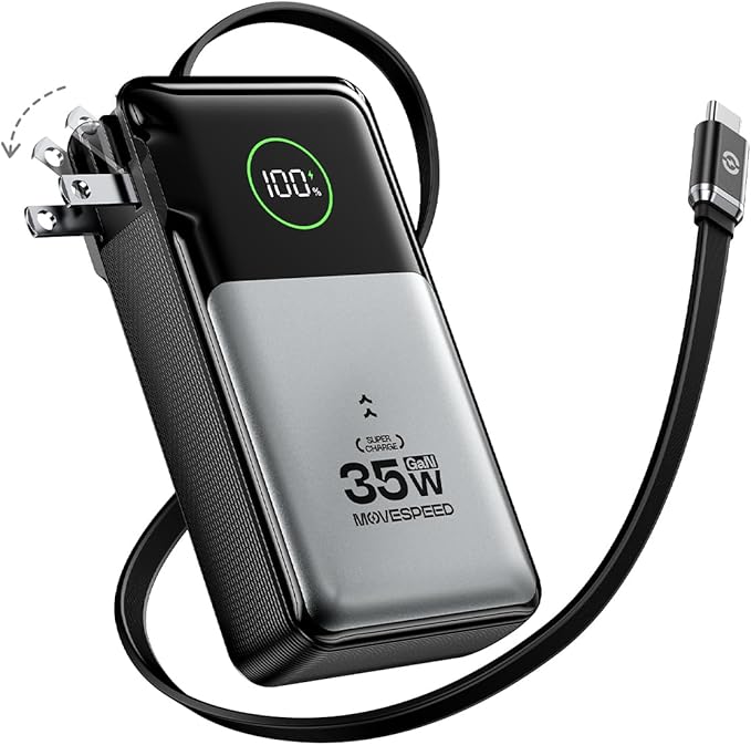 MOVE SPEED 3 in 1 Portable Charger with Built-in Retractable 27.6in Cable and Foldable Wall Plug, 35w 10,000mAh GaN Fast Charging Power Bank, Travel Essential Battery Pack for iPhone 17/16/15,Galaxy