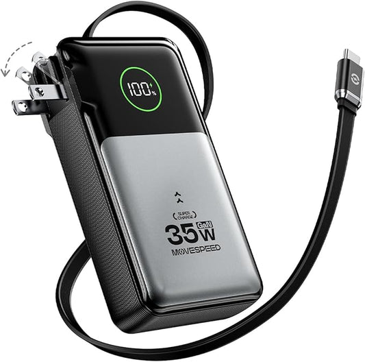 MOVE SPEED 3 in 1 Portable Charger with Built-in Retractable 27.6in Cable and Foldable Wall Plug, 35w 10,000mAh GaN Fast Charging Power Bank, Travel Essential Battery Pack for iPhone 17/16/15,Galaxy