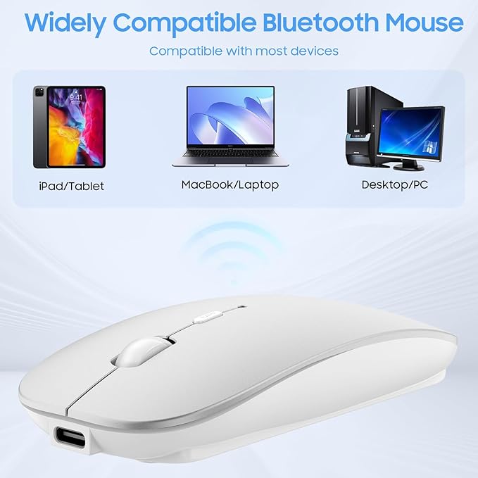 SUNGI Bluetooth Mouse for Laptop/Tablet/iPhone/Android PC,Rechargable Quiet Slim Mice Compatible with Windows/Linux,Silver