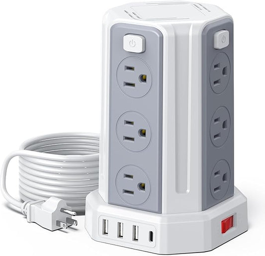 Power Strip Surge Protector, 10 Ft Extension Cord with 12 AC Multiple Outlets 4 USB (1 USB C), SMALLRT Power Tower Desktop Charging Station (White, 10 FT)