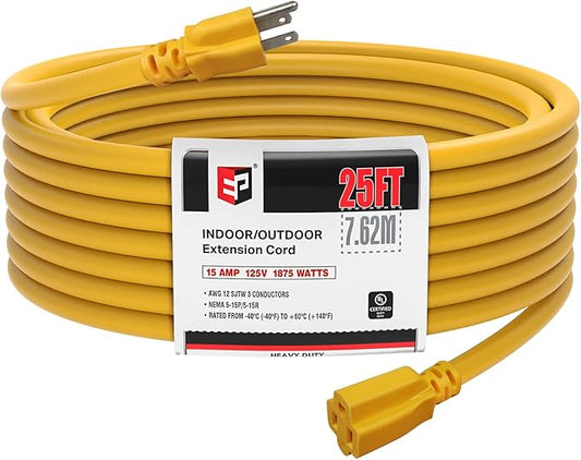 EP 25 Ft Outdoor Extension Cord, 12/3 SJTW Heavy Duty Extension Cable with 3 Prong Grounded Plug, 15 AMP Power Cord for Lawn, Garden, Appliances, Yellow
