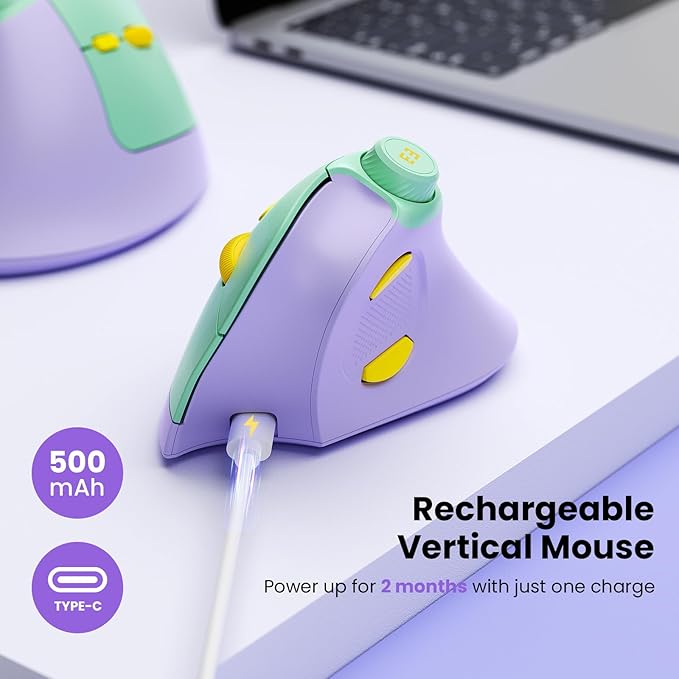 seenda Ergonomic Mouse Rechargeable, USB+Dual Bluetooth, MOU-302 Vertical Wireless Mouse with Volume Knob, Quiet Clicks, Multi-Device Cordless Mice Compatible for Windows, PC, Laptop, Mac OS, Purple