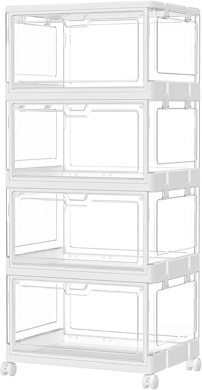 Clear Storage Bins with Lid 24Qt, 4 Pack Stackable Storage Bins, Acrylic Organizers, Plastic Multifunctional Folding Storage Bins, Plastic Stackable Storage Box for Bedroom, Living Room, Office