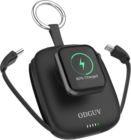 Small Portable Charger 5000mAh,iWatch Wireless Charger Mini Power Bank with Built-in Cable,Travel Keychain Charger for Apple Watch 10/9/Ultra2/8/Ultra/7/6/Se/5/4,iPhone 17/16/15/14/13/12,Android Phone