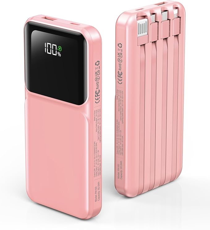 Portable Charger with Built in Cable - Power Bank Fast Charging 22.5W USB C 10000mAh LED Display Travel Battery Pack 5 Outputs & 3 Inputs for iPhone Samsung Android iPad Phones Tablets etc