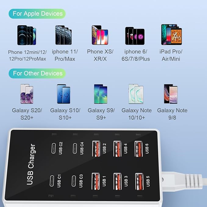 USB C Charging Station Cell Phone Wall Charger 10Ports USBC Fast Charging Power Hub Cube 4 USB C 6 USB A Charger Block Power Strip Dock Adapter for iPhone 15/14/13 iPad Android Smart Phones