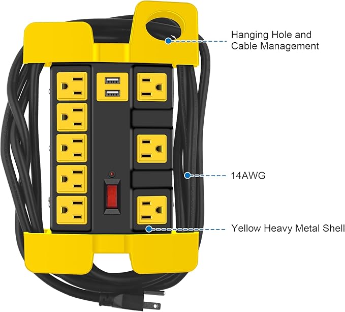 Heavy Duty Power Strip with USB, Workshop 8 Outlet Surge Protector 2700 Joules, Industrial Metal 15Amp Power Strip, 15 FT Extension Cord and Wide Spaced Black.