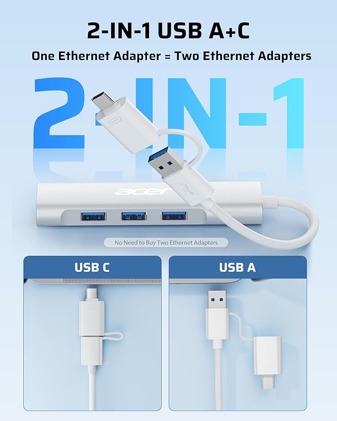 Acer USB C to Ethernet Adapter, 4-in-1 USB-A/C Hub with 3 USB-A 3.1 & 1Gbps RJ45 Networks, USB-C to LAN Adapter for MacBook Pro Air, Surface, Chromebook, Acer, Laptop, and More
