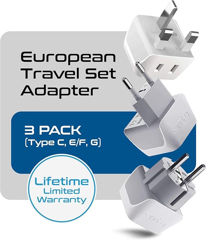 Ceptics Complete European Travel Adapter Set - 2 In 1 Usa to Europe, Germany, England, Spain, Italy, Iceland, France, (Type G, E/F, Type C) - 3 Pack, Safe Grounded Perfect for Cell Phones, Laptops