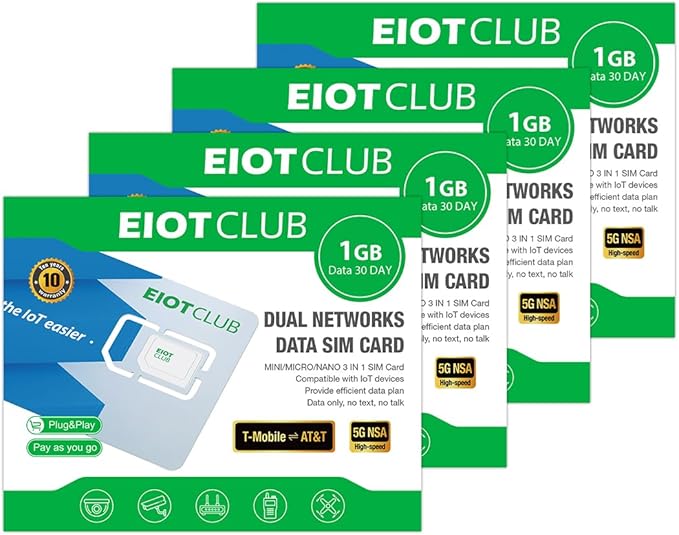 (4 Pack) EIOTCLUB Prepaid SIM Card 1GB/30Day, 5G/4G LTE SIM Card, Support for AT&T and T-Mobile in The USA, Data Only SIM Card for Security Camera Trail Camera Router Hotspot Unlocked Devices