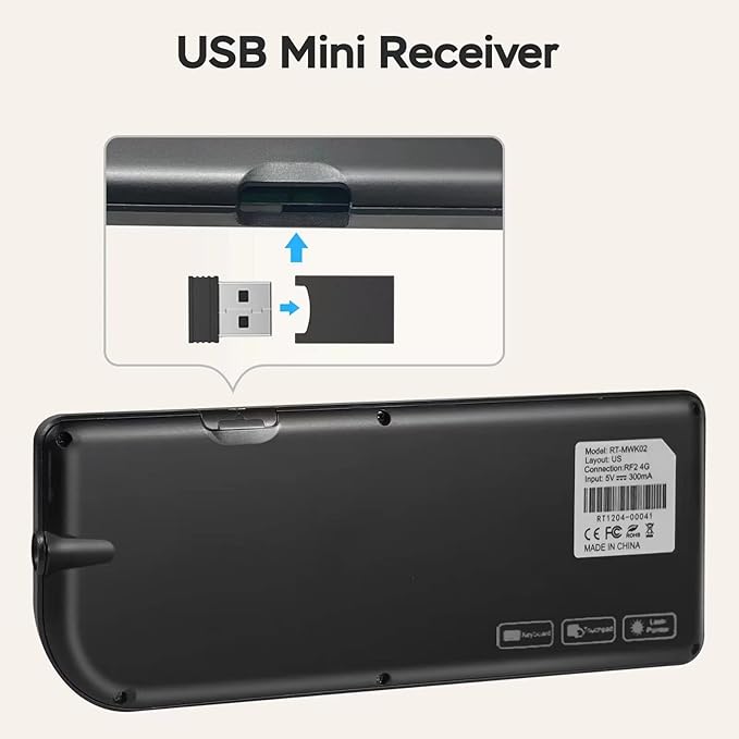 K808 Ultra-Thin Mini Keyboard with Touchpad, Bluetooth &2.4G Dual Mode & Backlit, USB-C Rechargeable, Compatible with iPad, Mac, Windows, Android - Portable for Travel, Office, Home - Black