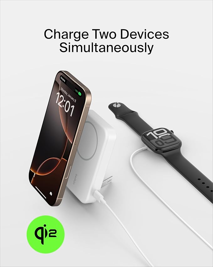 Belkin Portable Charger, Wireless Power Bank 15W 8000 mAh w/ Qi2 - MagSafe Charger w/Built-in Pop-up Kickstand - Compatible w/iPhone 17, Air, Pro, Pro Max, Google Pixel 10, etc. - White