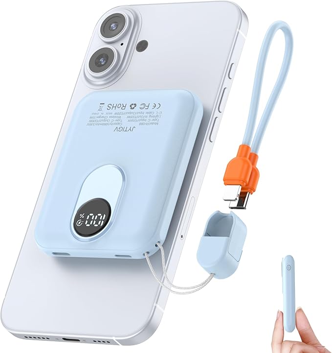 Small Magnetic Power Bank,5000mAh Mag-Safe Battery Pack with 20W Fast Charging Detachable USB C&iOS Cable,with LED Display,Slim Wireless Portable Charger for iPhone16/15/14/13/12 Series (Blue)