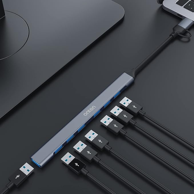 USB C Hub, ONTEN USB C USB to USB Adapter, USB C to USB A Hub, 7 Ports USB-C USB to USB Hub 3.0/2.0, for MacBook Pro, iMac 2021, USB Splitter Aluminum Alloy, Color Gray