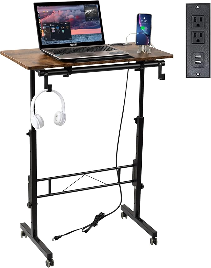 SIDUCAL Standing Desk Height Adjustable with Tiltable Tabletop, Rolling Laptop Desk with Charging Station, Sit Stand Portable Stand Up Desk with Wheels, Rustic Brown