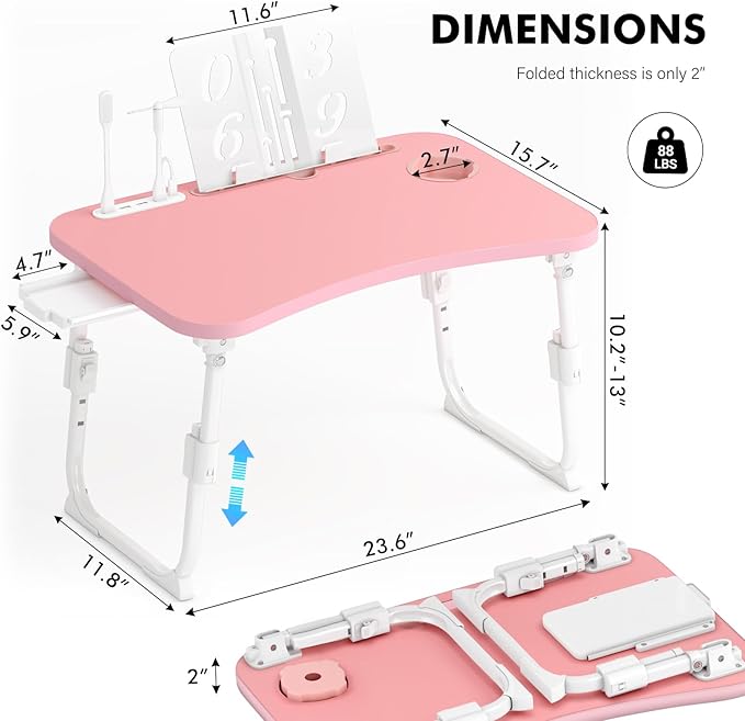 Lap Desk for Bed Adjustable Height, Foldable Bed Table with Storage Drawer, Tablet Slot & Cup Holder, Portable Laptop Stand for Bed & Sofa, Bed Desk for Adults & Kids, Pink