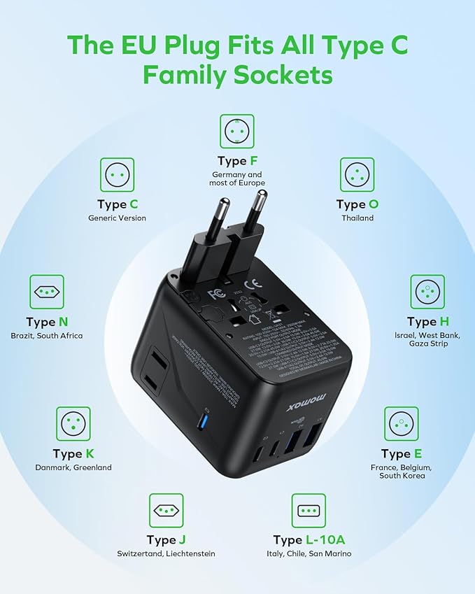 MOMAX Universal Travel Adapter, GaN PD 45W Fast International Power Adapter