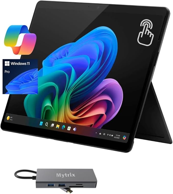 Microsoft Surface Pro 11, 13" 120Hz 2.8K Touchscreen, Copilot+ PC Tablet, 10-Core Snapdragon X Plus w/AI NPU, 16GB RAM, 1TB SSD, WiFi 7, 4K Webcam, Docking Station, Win 11 Pro, WiFi Only, Black