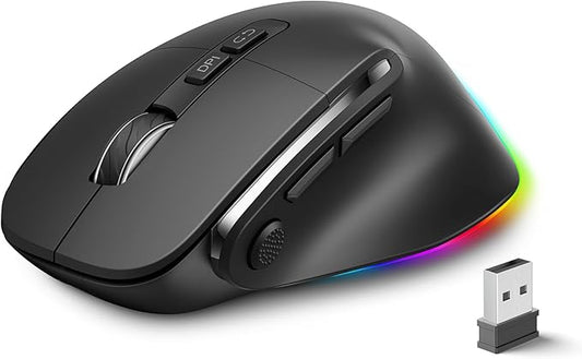 Ergonomic Rechargeable Mouse with Jiggler, Bluetooth+2.4G Wireless+Wired(3 in 1) Connection, Max 4800DPI, Rapid Fire Key, 5ft Charging Cable, Carpal Tunnel Silent Mice with LED for Office,Gaming