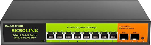 2.5Gb PoE+ Switch 10-Port Unmanaged with 8*2.5G Base-T PoE+ Ports, 2*10G SFP+ , IEEE802.3af/at , 80Gbps Switching Capacity, Metal, 2.5Gbe PoE Switch for NAS, PC, AP.