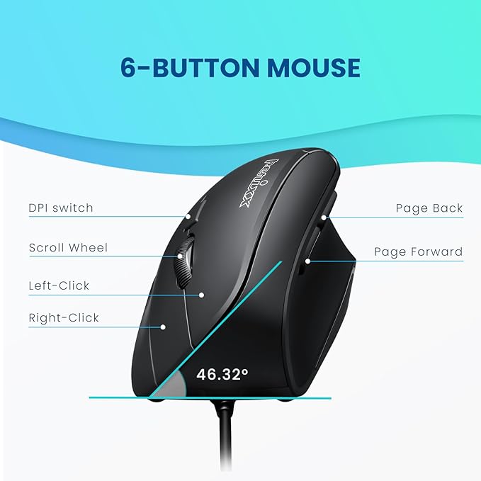 Perixx PERIMICE-515II Wired Ergonomic Vertical Mouse - 1000/1600 DPI - Right Handed Natural Ergonomic Vertical Design