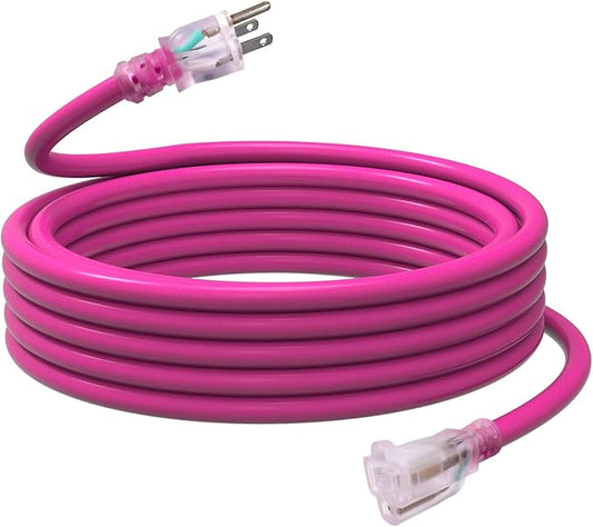 EP 25 Ft Outdoor Extension Cord, 12/3 SJTW Heavy Duty Waterproof Power Cable, 3 Prong Grounded Plug, Lighted End, for Lawn, Garden, Appliances, Pink