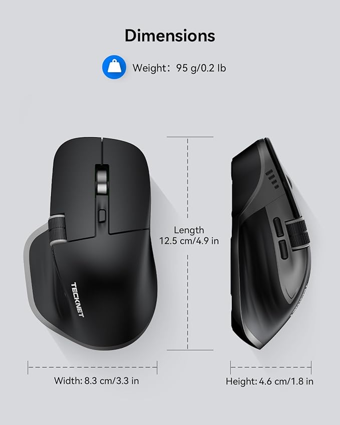 TECKNET Wireless Mouse, Bluetooth Mouse (BT5.0/5.0 & 2.4G) Rechargeable 4800 DPI Ergonomic Optical Mouse with 6 Adjustable, Quiet Clicks, USB A Receiver, 7 Buttons, Wide Compatibility - Black