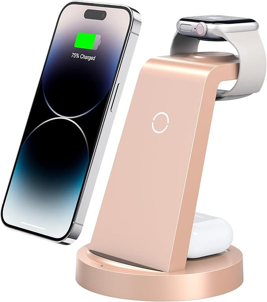 3 in 1 Charging Station for iPhone, Wireless Charger for iPhone 17 16e 16 15 14 13 12 11 X Pro Max & Apple Watch - Charging Stand Dock for AirPods (Rose)