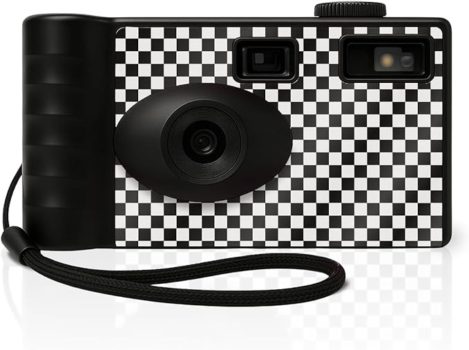 LENSY Screen Free Digital Camera | Four Built in Filters | Rechargeable, 8mp, Lightweight, Focus-Free, Auto-Flash, Easy-to-Use, Reusable, Retro Film-Style Photos (Checker Pattern)