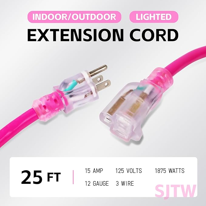 EP 25 Ft Outdoor Extension Cord, 12/3 SJTW Heavy Duty Waterproof Power Cable, 3 Prong Grounded Plug, Lighted End, for Lawn, Garden, Appliances, Pink