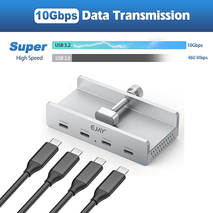 EJAY 10Gbps USB C Hub 4Ports Aluminum USB 3.2 Docking Hub Clamp Design for Desk/Computor with Extra Power Supply Port and 47inches Long Data Cable&39inches Power Cable (BJ-4C-SV)