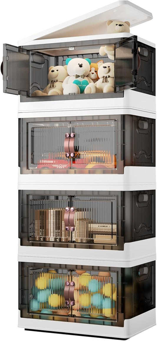 4 Tier Plastic Storage Bins with Lid 23QT, Stackable Storage Containers with Wheels, Folding Boxes, Collapsible Bins, Closet Organizers and for Living Room,Office,Dorm