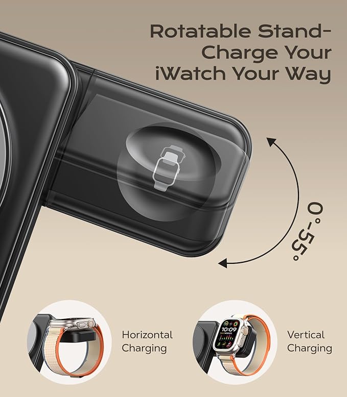 3 in 1 Magnetic Charging Station, 15W Fast Wireless Charger Compatible with MagSafe Charger Stand for iPhone 17 16 15 14 13 12, Apple Watch Charger & AirPods, Foldable Travel Charging Dock, Black