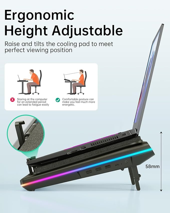 llano V12 RGB Laptop Cooling Pad, Gaming Laptop Cooler with 5.5 Inch Powerful Turbofan, Fast Cooling Laptop 15.6-21in, Adjustable Speed, Touch Control, LCD Screen, Black (RGB)