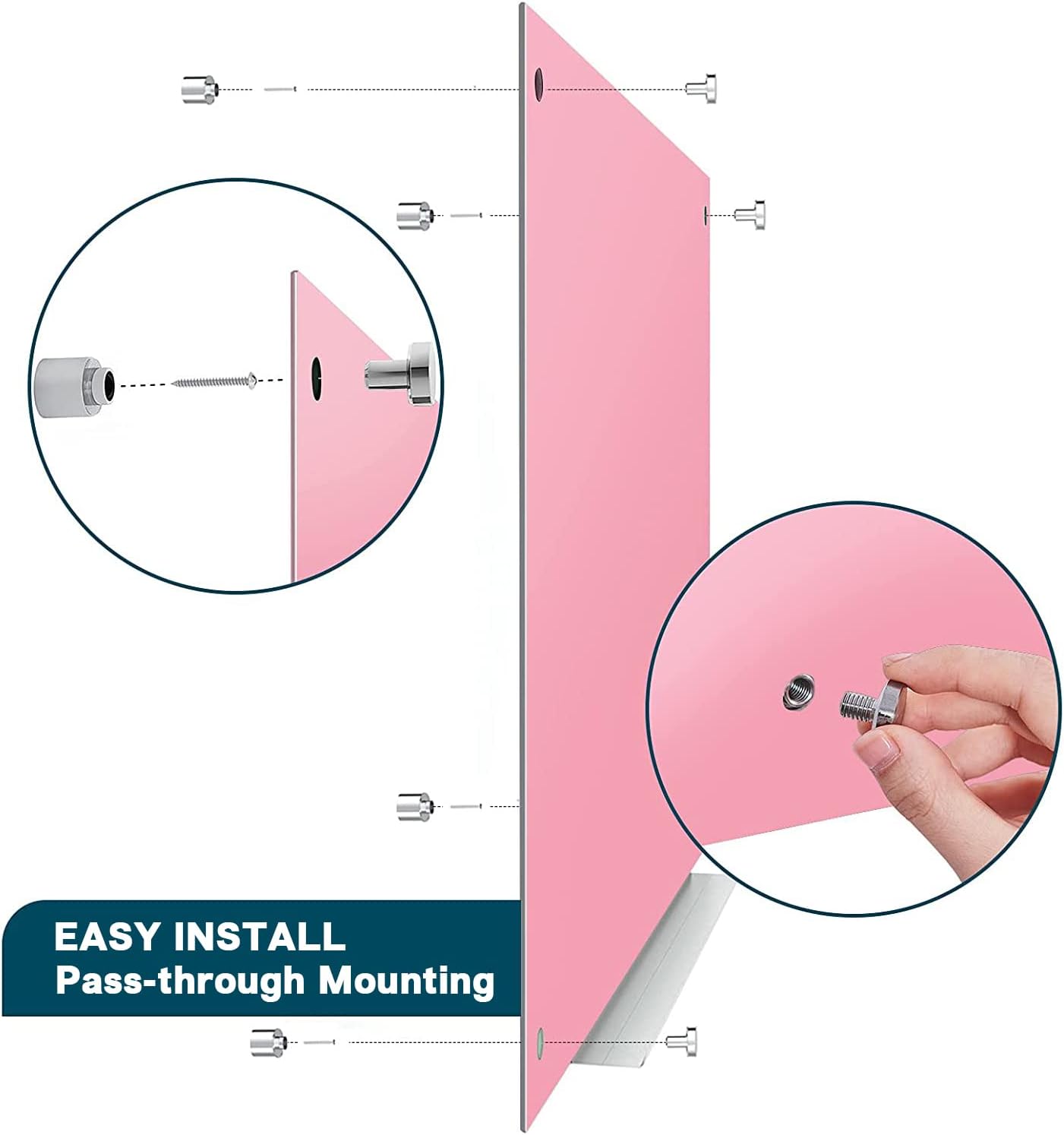 J&J worldwide Magnetic Glass Whiteboard, Wall Mounted Glass Dry Erase Board 47 x 35 Inch, Pink Surface, Frameless with Markers, Magnets, Marker Tray, Eraser for Office, Home, School