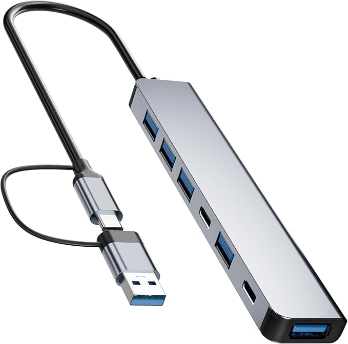 Aluminum 7 in 1 USB C/USB Hub, 2* USB C and 5* USB, USB 3.0 and USB 2.0 Ports, Ultra Slim Portable USB Splitter Adapter for Laptop, PS4, Flash Drive, HDD, Xbox, Printer, Mouse, Keyboard