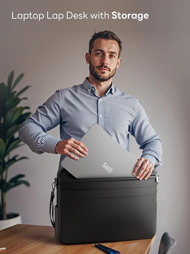 SAIJI Portable Laptop Lap Desk w/Retractable Mouse Pad Tray - Multifunction Lap Desk with Storage for Travel, Office and Home, Fits up to 15.6 inch Laptops (Black)