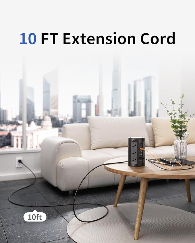 Surge Protector Power Strip Tower with 5 USB Ports and Night Light,10FT Extension Cord with 12 AC Multiple Outlets (Black, 10FT)