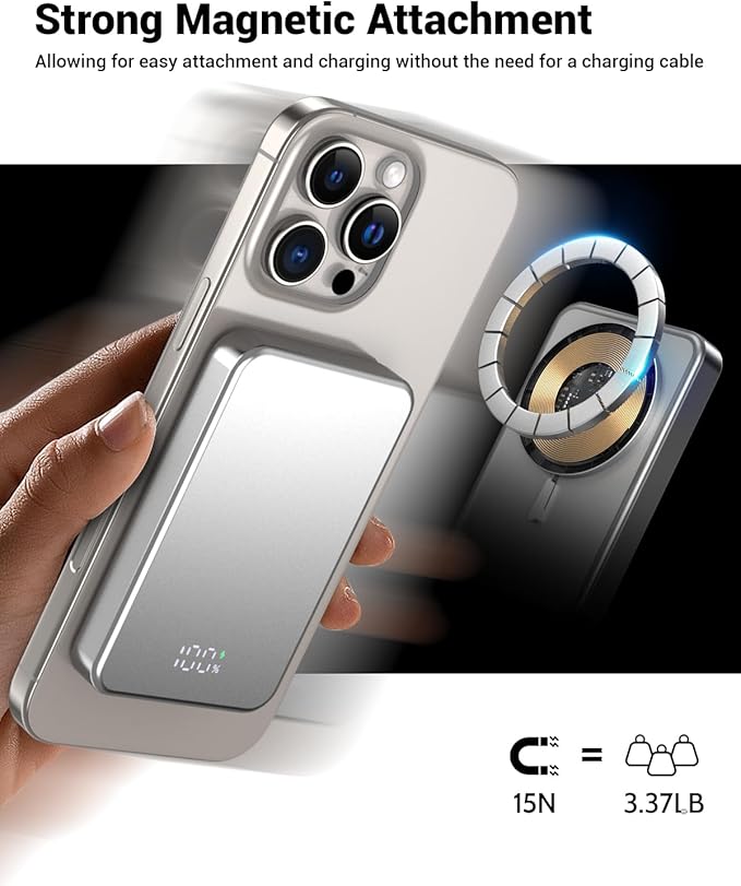 for Magsafe Portable Charger, Aluminum Alloy Small 10000mAh 20W PD Magnetic Power Bank, USB-C in&Out Wireless Battery Pack Phone Charger for iPhone 16/15/14/13/12 Plus Pro Max Series -Silvery