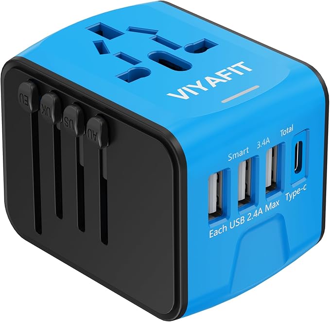 Universal International Travel Power Adapter, All in One Wall Charger with High Speed 2.4A 3xUSB, 3.0A Type-C, European Adapter, Worldwide AC Outlet Plugs for UK, CA, EU, AU, Asia (Blue)