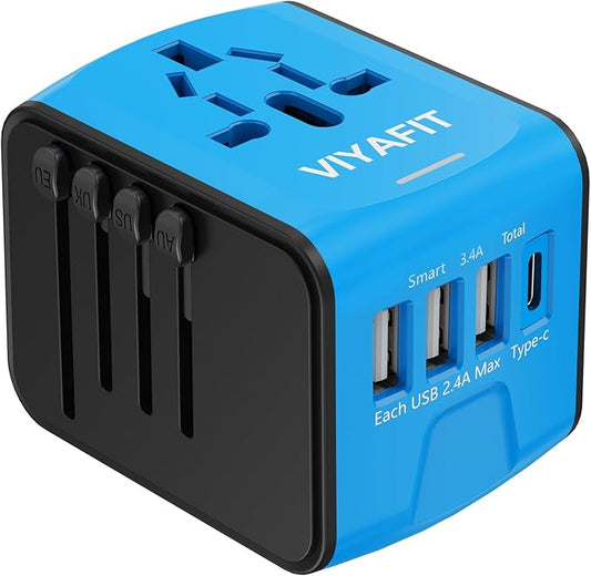 Universal International Travel Power Adapter, All in One Wall Charger with High Speed 2.4A 3xUSB, 3.0A Type-C, European Adapter, Worldwide AC Outlet Plugs for UK, CA, EU, AU, Asia (Blue)