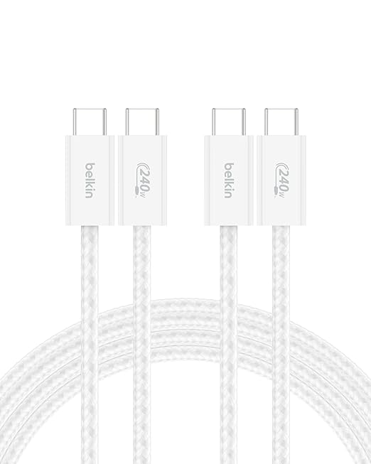 Belkin USB C to USB C Cable 2-Pack, 6.6ft, 240W - Type C Charger, iPhone Charger Cord, Soft, Braided, Flexible for iPhone 17, Galaxy S25, Pixel 10, MacBook, Chromebook, iPad Pro, Switch – White