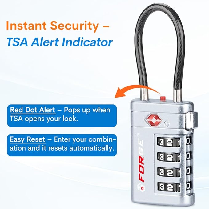 Forge TSA Approved Luggage Locks 4 Digit Combination TSA Travel Locks with TSA008, Open Alert Indicator, Zinc Alloy Body for Luggage, Suitcase, Backpack, and More. Silver 2 Locks.
