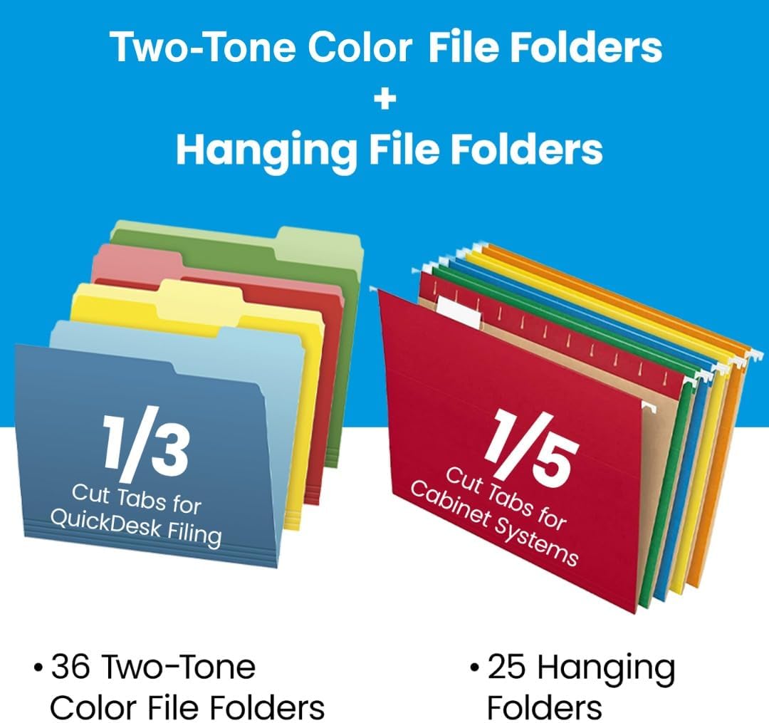 Pendaflex Recycled Hanging File Folders (25 Folders) & Two-Tone Color File Folders (36 Folders) - Assorted Color File Folders Letter Size - Perfect for Filing Cabinet, Desk & Home Office