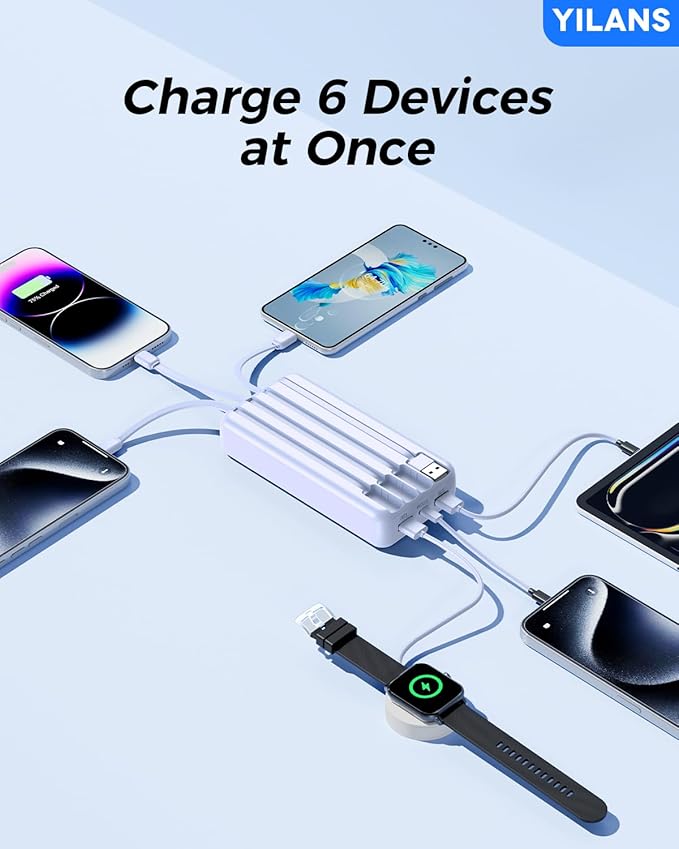 Portable Charger, 42800mAh Power Bank Built-in Cable, 22.5W PD USB C in & Out Fast Charging, External Battery Pack with 6 Output & 2 Input, Travel Phone Charger for iPhone 16/15/14/13/12(Blue)
