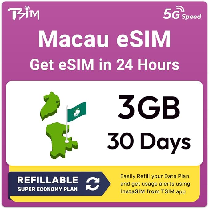 Macau eSIM | 3GB Super Saver Refillable Plan! QR Code Sent via Email in 24Hrs - Scan & Use Immediately | Auto Activating 10 Day Validity | 5G Speed + Hotspot | Data-Only No Phone Number