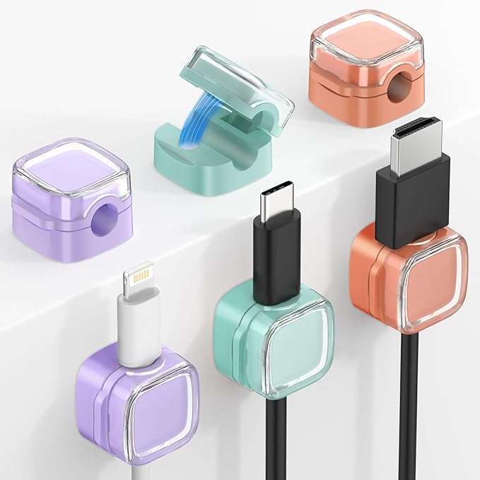 MoKo 6 Pack Magnetic Cable Clips, Under Desk Cable Management, Adhesive Magnetic Cord Holder, Magnetic Cord Organizer Wire Holder Keeper Organizer for Nightstand Desk Office Car Wall Glass,Org+Ppl+Blu